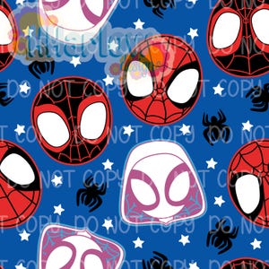 May include: A seamless pattern on a blue background featuring repeating illustrations of red and black spider-themed character masks, white and purple hooded character masks, small black spiders, and scattered white five-pointed stars.