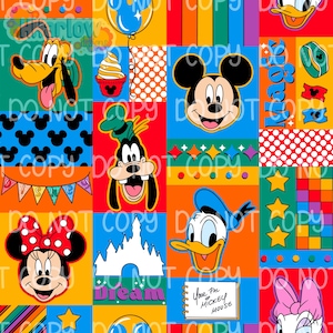 May include: A colorful patchwork design featuring beloved cartoon characters. Mickey Mouse, Minnie Mouse, Donald Duck, Goofy, and Pluto are displayed in vibrant squares. The design includes a castle, stars, and the text "Your Pal Mickey Mouse."