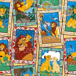May include: Seamless pattern featuring framed illustrations of characters from The Lion King. The frames have decorative borders with sun and geometric designs. The background is a light yellow color. The illustrations include Simba, Mufasa, Timon, Pumbaa, and Nala.