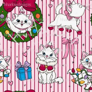 May include: A pink and white seamless pattern featuring a white cat with a red and white Santa hat, a green wreath with red ornaments, a pink bow, and a blue gift box. The background is pink with red stripes.