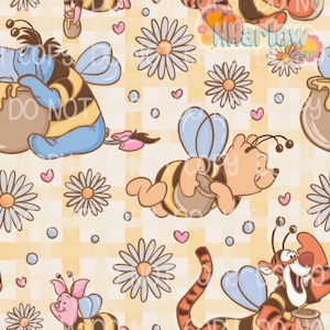 May include: A repeating pattern featuring cartoon characters dressed as bees, with daisies, hearts, and honey pots on a yellow plaid background. The text "DO NOT" is visible on one of the honey pots. The characters include a bear, a pig, and a tiger.