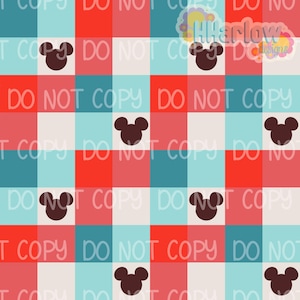 Puede incluir: Patrón repetitivo con siluetas marrones de Mickey Mouse sobre una cuadrícula de cuadrados rojos, azul claro y blancos. Las palabras "DO NOT COPY" están impresas en rosa claro en la imagen.