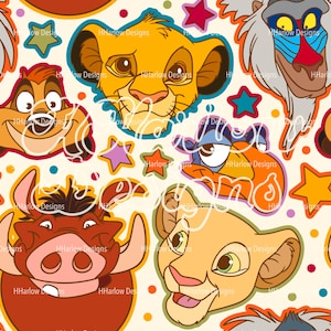 May include: A repeating pattern featuring cartoon characters from The Lion King, including Simba, Timon, Pumbaa, and others. The design incorporates colorful stars and polka dots on a cream background. The text "HHarlow Designs" is repeated throughout.