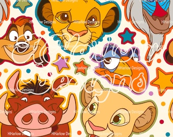 May include: A repeating pattern featuring cartoon characters from The Lion King, including Simba, Timon, Pumbaa, and others. The design incorporates colorful stars and polka dots on a cream background. The text "HHarlow Designs" is repeated throughout.