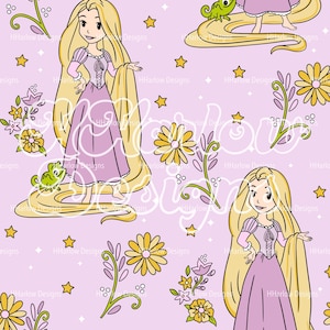 May include: A repeating pattern featuring a cartoon princess with long blonde hair, wearing a pink dress, and a green chameleon. The design includes yellow stars, flowers, and the text "HHarlow Designs" on a light pink background.