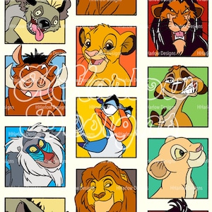 May include: A colorful collage of characters from the animated movie The Lion King. The characters include Simba, Mufasa, Scar, Pumbaa, Timon, Zazu, and Nala. The characters are depicted in a cartoon style with bright colors and bold outlines.