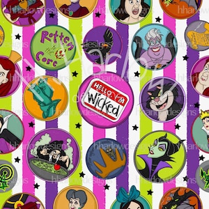 May include: A colourful pattern featuring various Disney villains in circular frames. The villains include Maleficent, Ursula, Cruella de Vil, and the Evil Queen. The background is a white and green striped pattern with black stars.