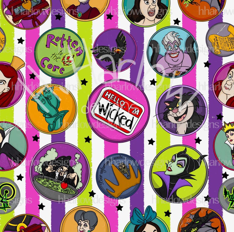 May include: A colorful pattern featuring various Disney villains in circular frames. The villains include Maleficent, Ursula, Cruella de Vil, and the Evil Queen. The background is a white and green striped pattern with black stars.