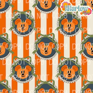 May include: A repeating pattern featuring orange pumpkin-shaped characters with mouse ears, set within a navy blue frame with a green bow. The background has orange and cream vertical stripes. The text "DO NOT COPY" is visible.