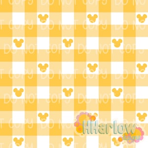 May include: A repeating pattern of yellow and white checkered squares with yellow Mickey Mouse head silhouettes. The design is a cheerful, playful style, suitable for various craft projects or fabric designs. The words "DO NOT COPY" are faintly visible.