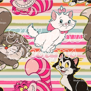 Può includere: Un'illustrazione digitale colorata con cinque gatti dei cartoni animati. I gatti sono su uno sfondo di strisce orizzontali rosa, gialle, blu e verdi. I gatti sono tutti di colori diversi e hanno espressioni diverse.