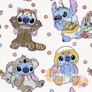 May include: A repeating pattern featuring the character Stitch in various costumes, including a red panda, bee, koala, and chick. The background is white with colorful polka dots. Each Stitch character is in a different pose, with a cute and playful design.
