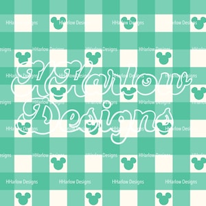 May include: A teal and white checkered pattern with Mickey Mouse silhouettes. The words "HHarlow Designs" are overlaid in a cursive font. The design is repeated across the image, creating a seamless pattern.