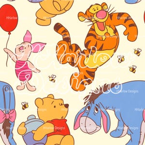 May include: A colourful pattern featuring Winnie the Pooh and his friends, including Tigger, Piglet, and Eeyore. The characters are depicted in a cartoon style against a light yellow background.