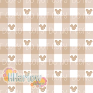 May include: Tan and white checkered pattern with repeating Mickey Mouse head silhouettes. The design features a grid of alternating tan and white squares, with the iconic mouse head in each tan square. The words "DO NOT COPY" are faintly visible.