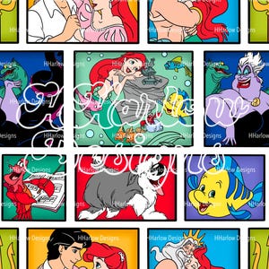 May include: A repeating pattern with cartoon illustrations of characters from a popular animated film. The images include a mermaid, a crab, a fish, and other characters, set against a variety of colorful backgrounds.