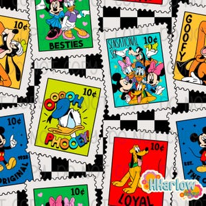 May include: A repeating pattern of postage stamps featuring Disney characters like Mickey Mouse, Donald Duck, and Goofy. Each stamp has a 10¢ value and various phrases, set against a black and white checkered background.