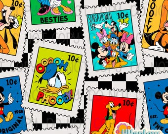 May include: A repeating pattern of postage stamps featuring Disney characters. Each stamp displays a 10p value and phrases like 'Besties' and 'Loyal'. The design is set against a black and white checkered background.