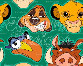 May include: A seamless pattern featuring cartoon characters from the film The Lion King. The characters include Simba, Timon, Pumbaa, Zazu, and Scar. The background is a teal green colour.