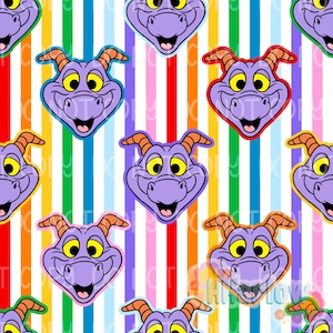 Può includere: Un motivo ripetuto con un personaggio viola simile a un drago, con occhi gialli e corna arancioni. Il personaggio è ambientato su uno sfondo di strisce verticali colorate in rosso, arancione, giallo, verde, blu, viola e rosa.