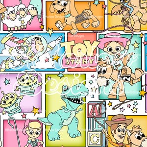 Op de afbeelding: Een kleurrijk, herhalend patroon met personages uit de animatiefilm "Toy Story". Het ontwerp bevat afbeeldingen van Woody, Buzz Lightyear, Rex en andere personages, tegen een witte achtergrond met steraccenten en de tekst "TOY STORY".