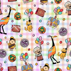 May include: A colorful, patterned fabric featuring characters from the movie Up. The pattern includes a house with balloons, a bird, a dog, a boy scout, an old man, and a tree. The background is a checkered pattern in shades of pink, yellow, and blue.
