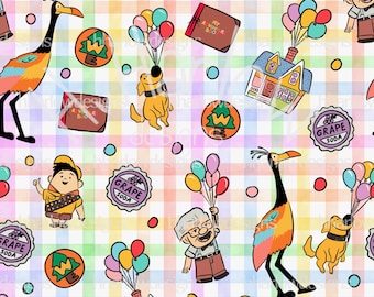May include: A colorful, patterned fabric featuring characters from the movie Up. The pattern includes a house with balloons, a bird, a dog, a boy scout, an old man, and a tree. The background is a checkered pattern in shades of pink, yellow, and blue.