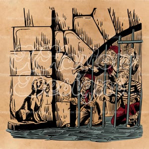 May include: A monochrome illustration shows a dog holding a key, and three men behind bars. The men wear red hats and are in a stone structure. The artwork is in black, white, and red tones.