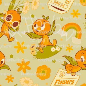 May include: Seamless pattern featuring cartoon orange characters with leaf wings, flowers, and rainbows on a light green background. The image includes the text "Flowers" and a vintage-style label that reads "Florida, USA".