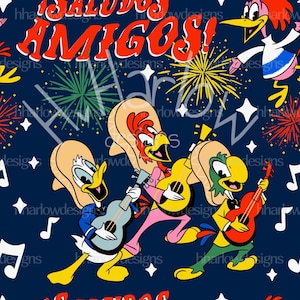 Puede incluir: Un patrón sin costuras con personajes de dibujos animados tocando instrumentos musicales. La frase "SALUDOS AMIGOS!" se muestra en rojo. El fondo es azul oscuro con notas musicales, fuegos artificiales y estrellas.