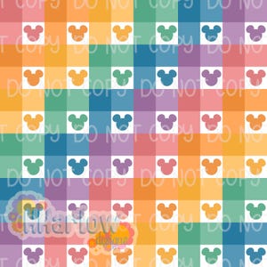 May include: A colorful pattern featuring a grid of squares in rainbow hues. Each square contains a Mickey Mouse head silhouette in various colors. The words "DO NOT COPY" are visible throughout the design. The design includes the text "Glitterlow designs".
