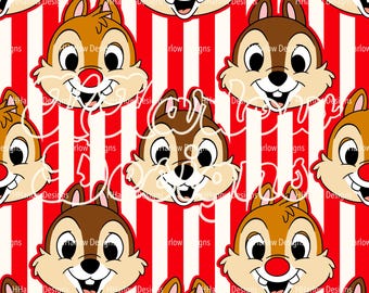 May include: A repeating pattern featuring cartoon chipmunk faces with red noses and white teeth, set against a background of red and white vertical stripes. The chipmunks have brown fur and large black eyes.
