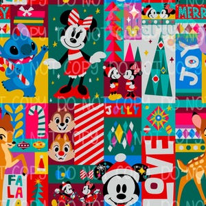 May include: A colorful Christmas-themed pattern featuring Disney characters like Mickey and Minnie Mouse, Stitch, and Bambi. The design includes Christmas trees, candy canes, and the words "JOY" and "LOVE".