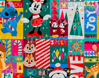 May include: A festive Christmas pattern with Disney characters including Mickey and Minnie Mouse, Stitch, and Bambi. The design incorporates Christmas trees, candy canes, and the words "JOY" and "LOVE".