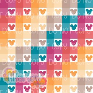 May include: A colorful digital design featuring a grid pattern with alternating squares of various colors, including pink, orange, teal, and brown. Each square contains a white Mickey Mouse head silhouette. The words "DO NOT COPY" are visible.