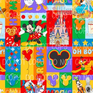 May include: A colorful pattern featuring Mickey and Minnie Mouse, a castle, balloons, and other Disney characters. The design includes the words "DREAM" and "MAGIC" in a playful font, set against a vibrant background of various colors.