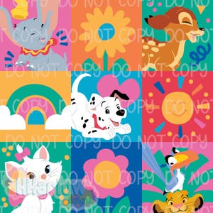 May include: A colorful square pattern featuring cartoon characters like Dumbo, Bambi, a Dalmatian puppy, Marie the cat, and Simba. The design includes flowers, rainbows, and a smiling sun, set against vibrant backgrounds of pink, orange, blue, and green.