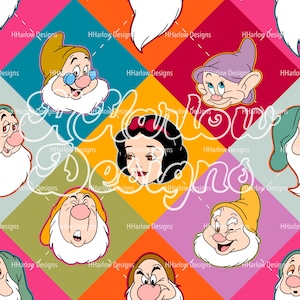 May include: A vibrant pattern showcasing cartoon images of Snow White and the Seven Dwarfs. The design incorporates the characters' faces set against a backdrop of multi-coloured diamond shapes. The text "HHarlow Designs" is repeated throughout the pattern.