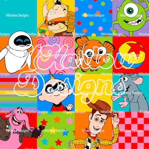May include: A colorful square pattern featuring cartoon characters from various animated movies. Characters include Nemo, Mike Wazowski, Woody, and others, set against vibrant backgrounds of different colors and patterns. The text "HHarlow Designs" is repeated throughout.