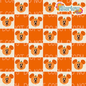 May include: A repeating pattern of orange and cream-coloured squares. Each cream square features an orange pumpkin with mouse ears and a smiling face. The words "DO NOT COPY" are printed across the image. The top right corner has the text "HHarlow designs".