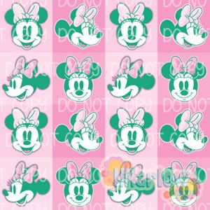 Può includere: Motivo ripetuto con il volto e il profilo di Minnie Mouse in verde e bianco, con un fiocco rosa e orecchie, su uno sfondo a scacchi rosa e bianco. Il design è in stile cartone animato.