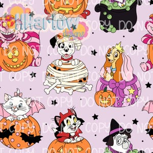 May include: A repeating pattern on a light purple background featuring cartoon characters in Halloween costumes, including a mummy dog, a cat in a pumpkin, a dog with a crown, and a cat with bat wings, interspersed with black stars and dots.