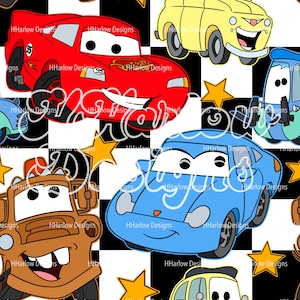May include: A repeating pattern featuring cartoon cars in red, blue, yellow, and brown. The cars have smiling faces and are set against a black and white checkered background with yellow star accents. The design includes the text "HHarlow Designs".