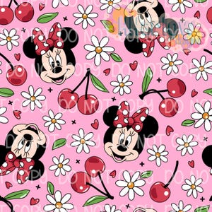 Könnte beinhalten: Ein nahtloses rosa Muster mit Minnie Mouse-Gesichtern, roten Kirschen, weißen Gänseblümchen und kleinen roten Herzen. Minnie Mouse trägt eine rote Schleife mit weißen Punkten. Die Kirschen haben grüne Blätter.