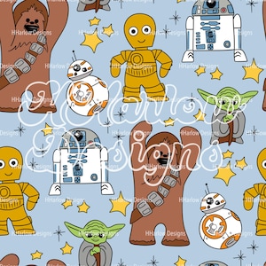 Puede incluir: Un patrón azul claro sin costuras con ilustraciones de dibujos animados de personajes de Star Wars, incluyendo a Chewbacca, C-3PO, R2-D2, Yoda y BB-8, junto con estrellas amarillas y pequeñas líneas negras. El diseño se repite.