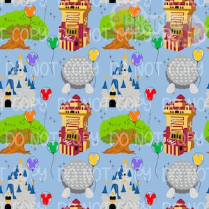 Puede incluir: Patrón repetitivo sobre un fondo azul claro con ilustraciones de dibujos animados de un castillo, una gran esfera, un edificio y un árbol. También se incluyen globos de colores en varios colores en el diseño.