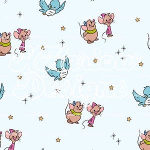Könnte beinhalten: Ein hellblaues nahtloses Muster mit Cartoon-Illustrationen von Mäusen, Vögeln und Sternen. Die Mäuse tragen Kleider und die Vögel sind blau. Der Text "Harlow Designs" ist vorhanden. Die Sterne sind goldfarben.