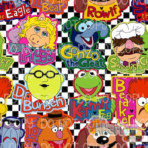 May include: A colorful pattern featuring various Muppets characters, including Miss Piggy, Kermit the Frog, and Gonzo, set against a black and white checkered background. Each character is labeled with their name in a vibrant, cartoonish font.