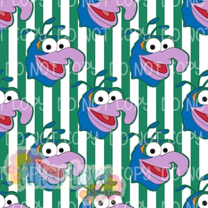 May include: A repeating pattern featuring the Muppet character Gonzo's face. The design includes a blue face, a long purple nose, and a red mouth. The background has vertical green and white stripes.