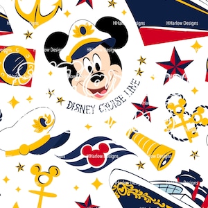 Könnte beinhalten: Ein sich wiederholendes Muster auf weißem Hintergrund mit nautischen und Disney-Motiven. Micky Maus mit Kapitänsmütze, Anker, Sterne und Kreuzfahrtschiff-Designs in Marineblau, Rot und Gelb. Der Text "DISNEY CRUISE LINE" ist ebenfalls vorhanden.